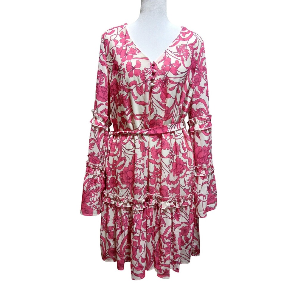 Flying Tomato Pink White Floral Bell Sleeve Tiered Mini Dress ID17931 Womens L - Picture 4 of 12
